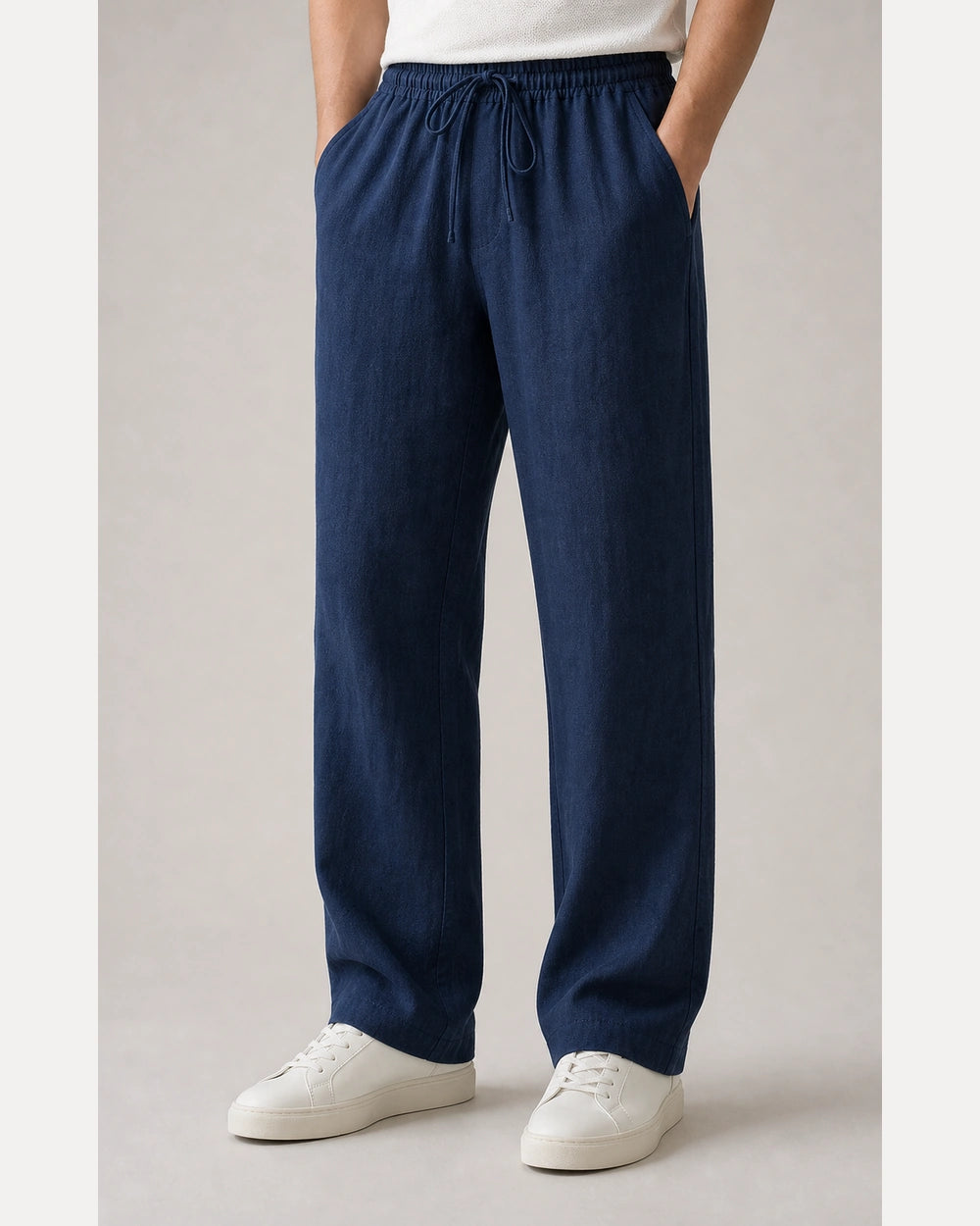 Men’s navy linen wide-leg pants with elastic drawstring waist.