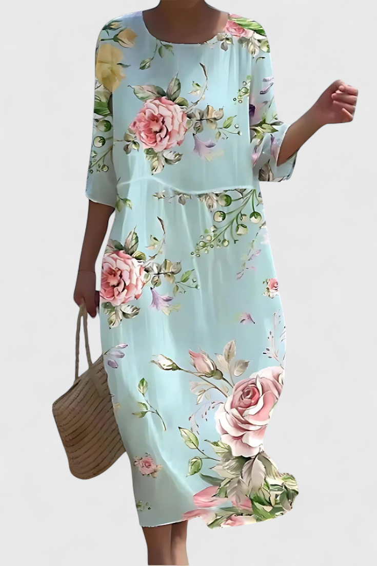 Blomstret midikjole – Sommerkjole med trekvartlange ærmer