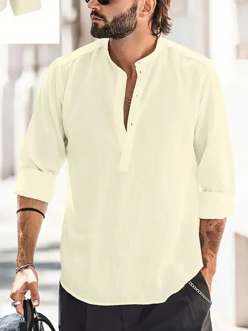 Momount Uomo Camicia Henley di Lino – Manica Lunga Collo alla Coreana Estiva