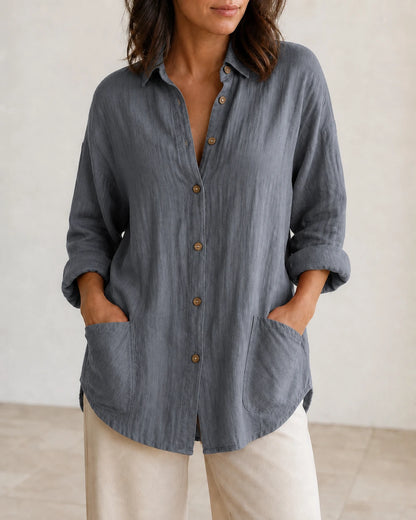 Women's grey relaxed longline shirt, front product view.