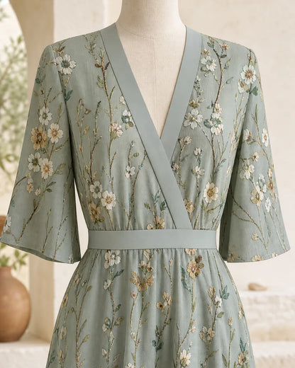 Fiorella dress V neckline and waist detail