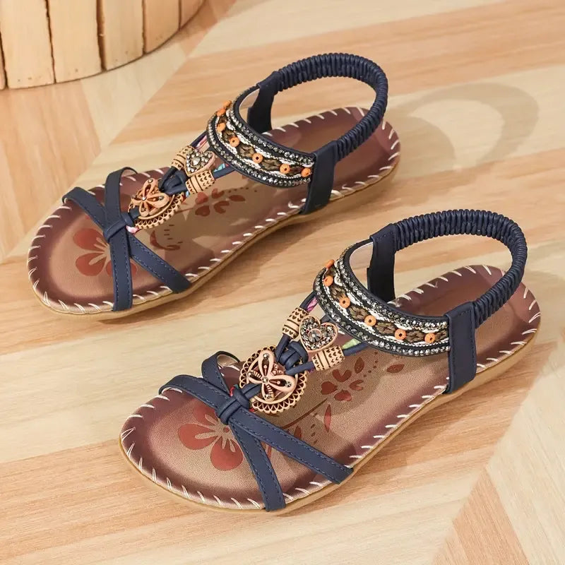 Momount slingback-sandaler dame – petroleumsblå boho med perler, rhinsten og flad sål