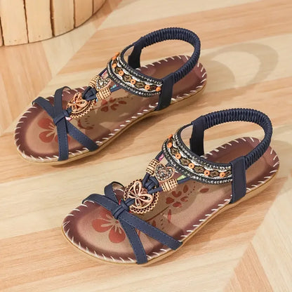 Momount slingback-sandaler dame – petroleumsblå boho med perler, rhinsten og flad sål