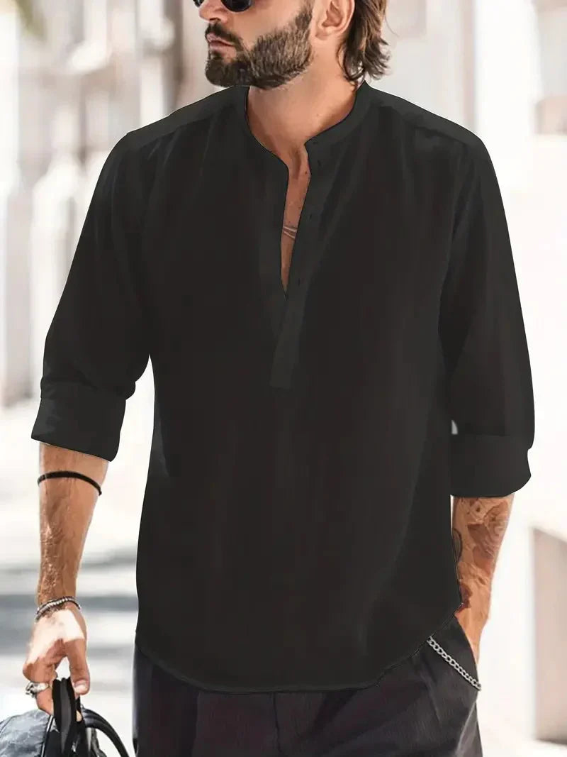 Momount Uomo Camicia Henley di Lino – Manica Lunga Collo alla Coreana Estiva