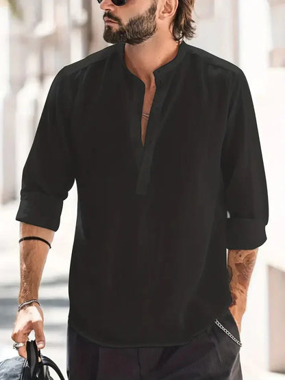 Momount Uomo Camicia Henley di Lino – Manica Lunga Collo alla Coreana Estiva