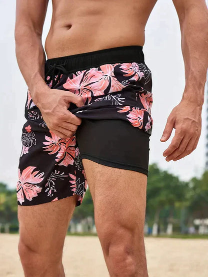 Momount Men Swim Shorts – Palm Print Drawstring Mesh Liner Quick Dry