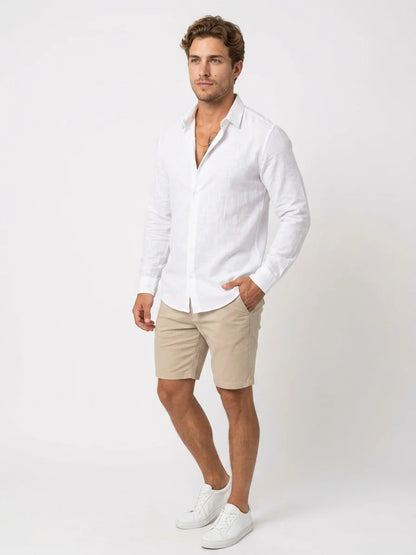 Momount Men Linen Shirt – Long Sleeve Slim Fit Point Collar Classic - White - 3/4