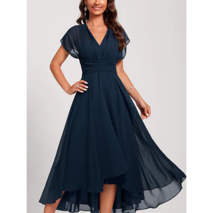Thessalonia | Elegant Chiffon V Neck High Low Midi Dress