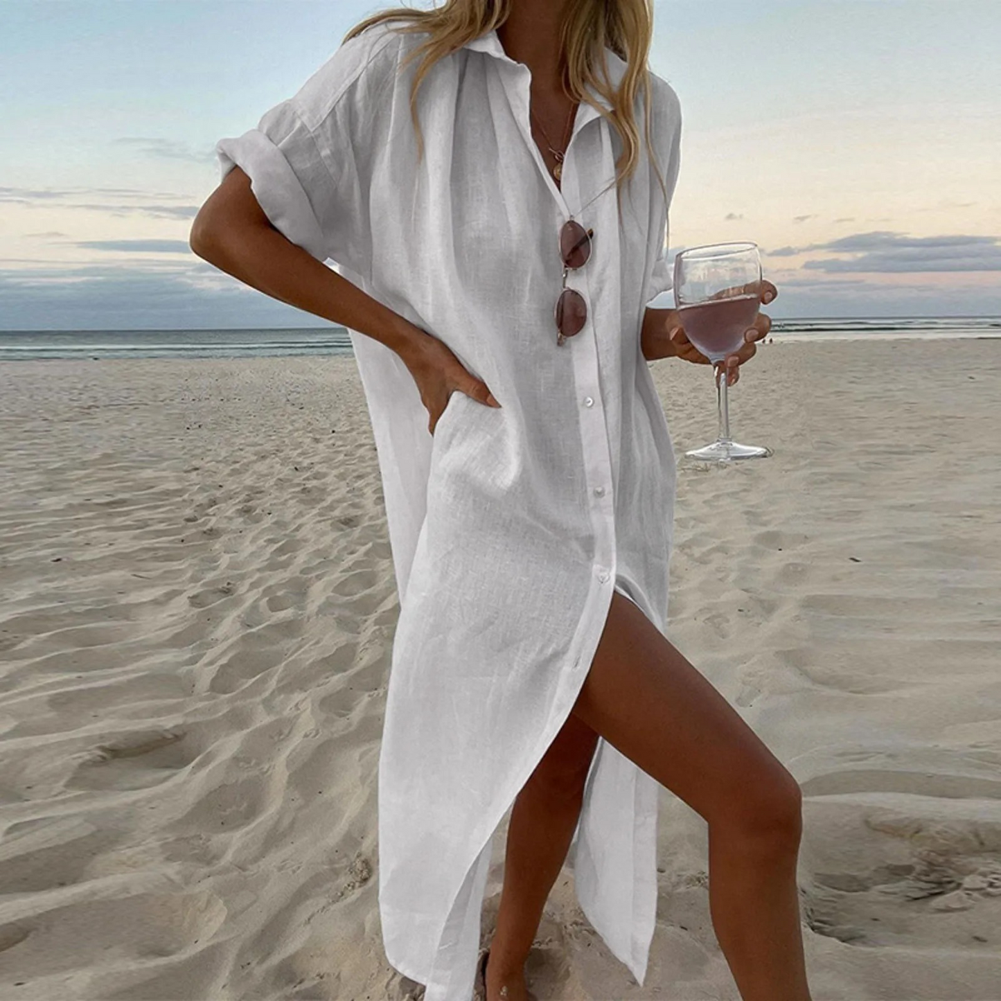 Esmeralda | Gombos len nyári strand maxi ruha | Momount