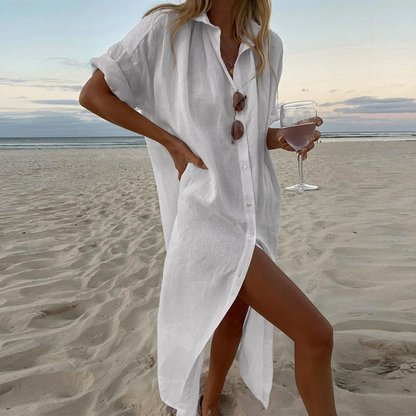 Esmeralda | Gombos len nyári strand maxi ruha | Momount