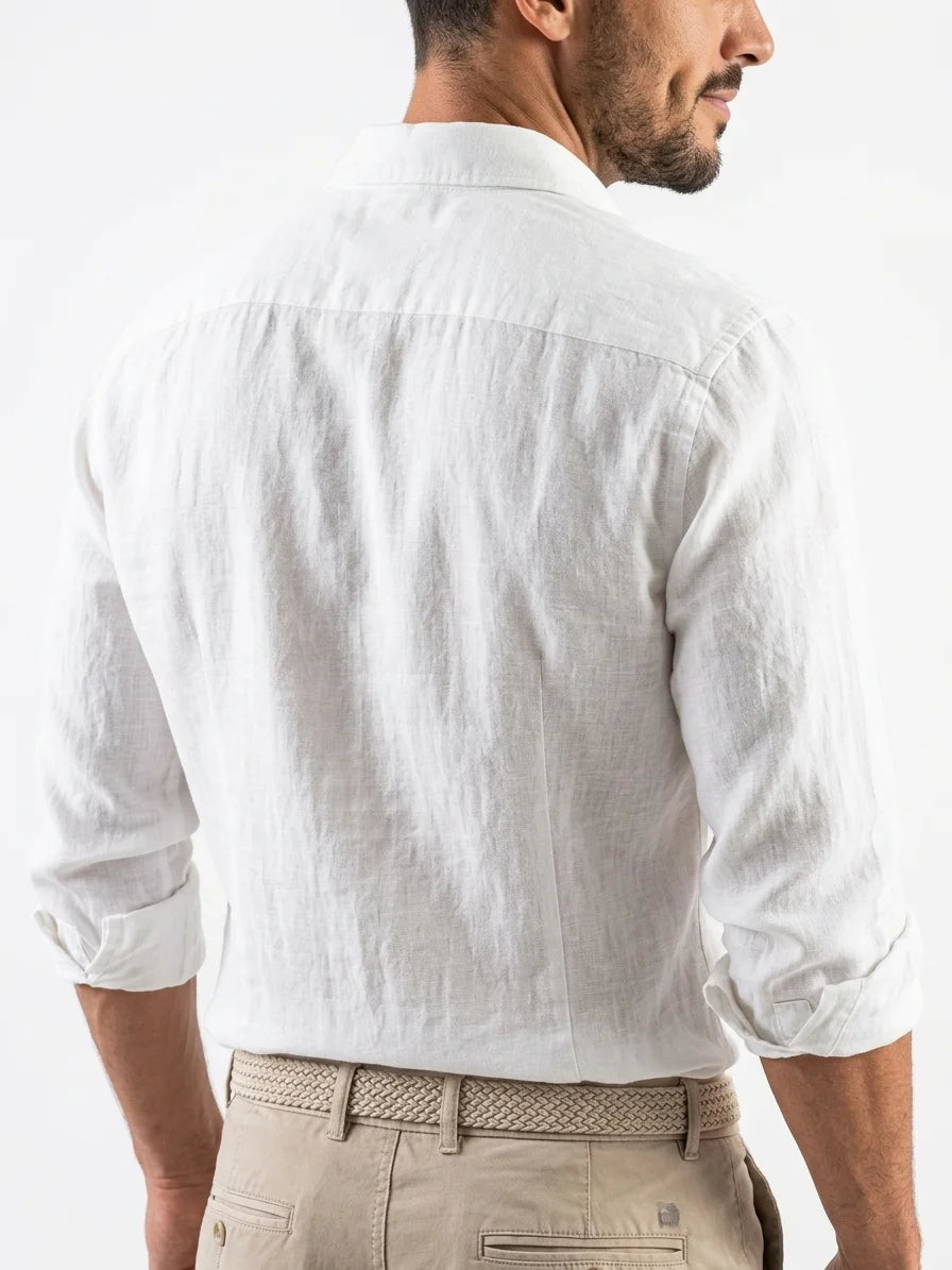 Momount Men Linen Shirt – Long Sleeve Turn Down Collar Summer Casual - White - back
