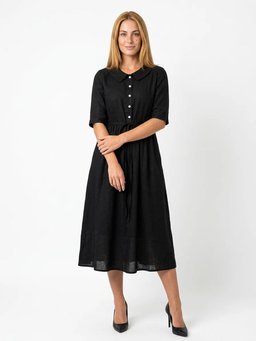 Hazel Tie-Waist Midi Dress | Button Front, V-Neck, Casual - Black - front