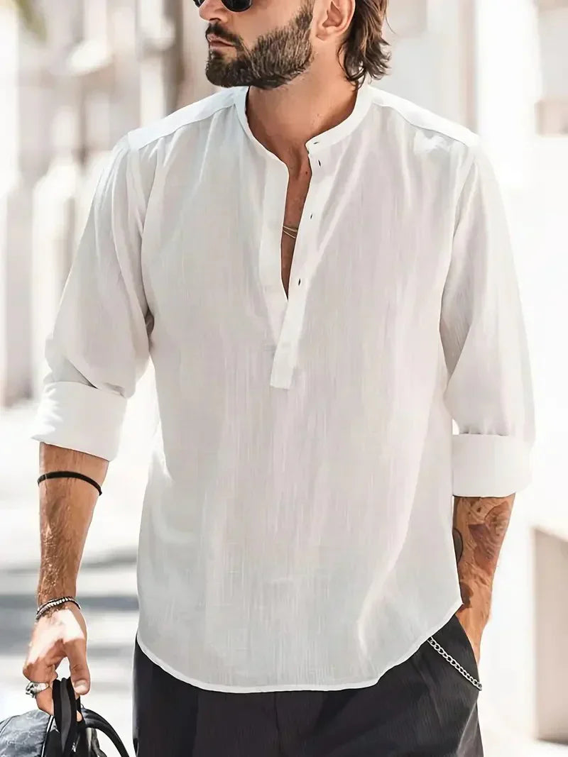 Momount Uomo Camicia Henley di Lino – Manica Lunga Collo alla Coreana Estiva