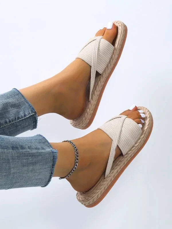 Momount espadrille-sandaler dame – vævet jute med tå-ring i flad slide-model