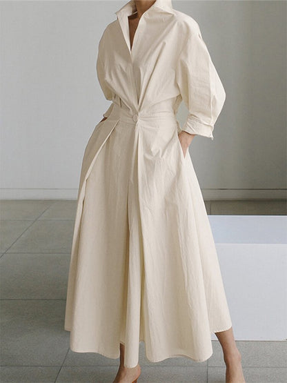 Momount Donna Abito Midi Elegante in Cotone – con Bottoni