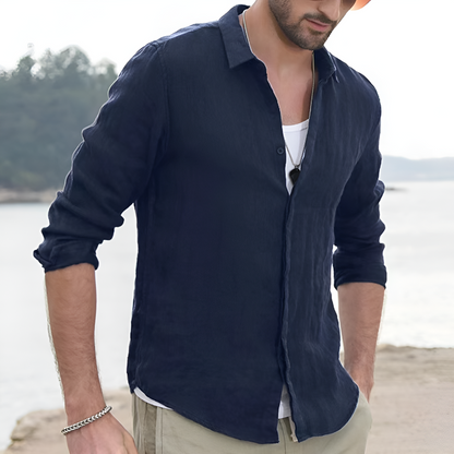 Momount Uomo Camicia di Lino – Manica Lunga Collo Classico Abbottonata Classica