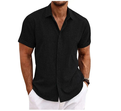 Momount Uomo Camicia in Cotone e Lino – Manica Corta Abbottonata Casual