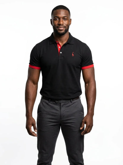 Momount Men Polo Shirt – Contrast Collar Embroidered Logo Short Sleeve - Black - front