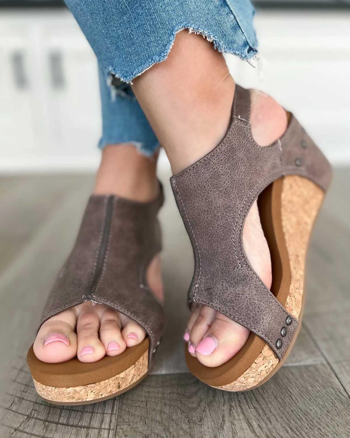 Momount kile-sandaler dame – distressed læder med korkplatform og slingback