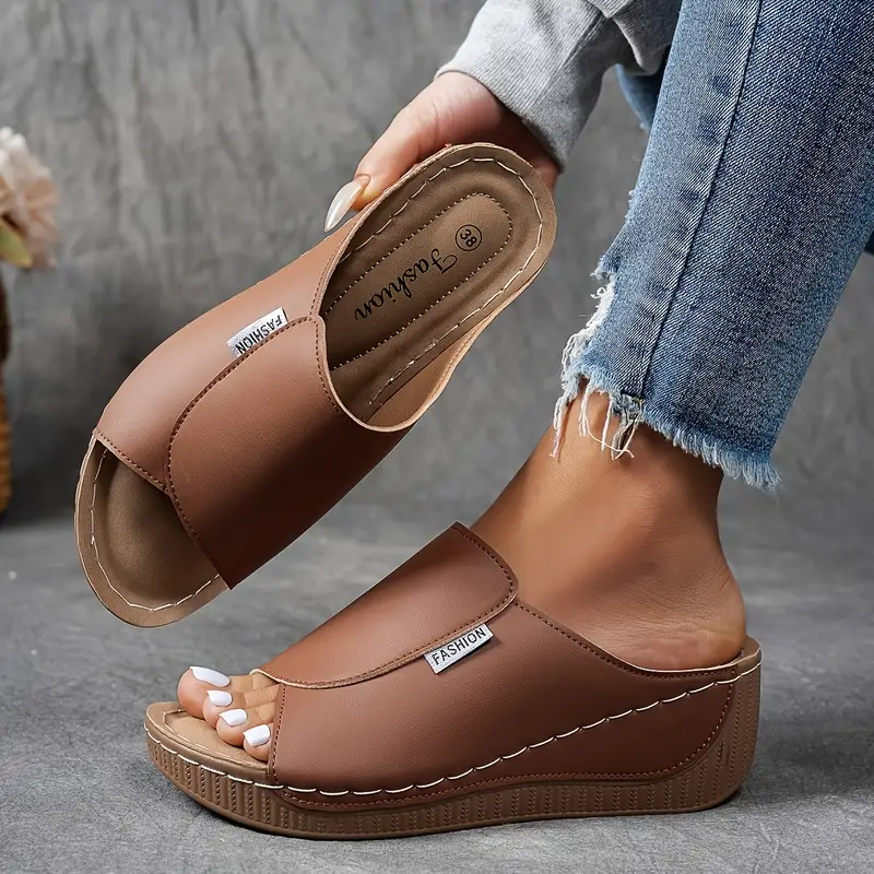 Momount platform kile-sandaler dame – brun læder med åben tå og mule-design
