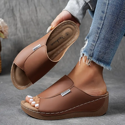 Momount platform kile-sandaler dame – brun læder med åben tå og mule-design