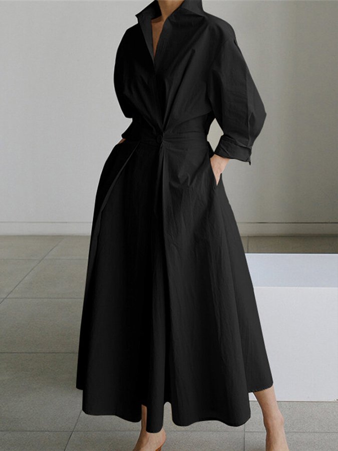 Momount Donna Abito Midi Elegante in Cotone – con Bottoni