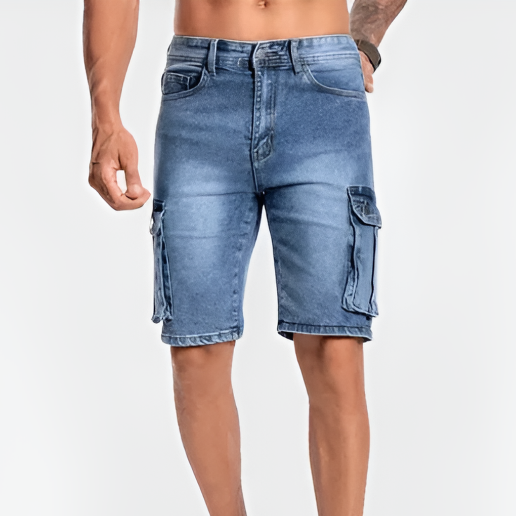 Momount herrecargoshorts i denim – stretch og knælængde med klaplommer