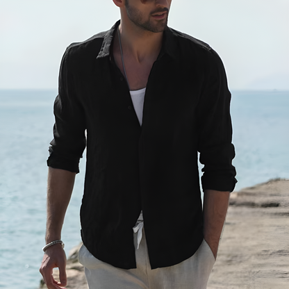 Momount Uomo Camicia di Lino – Manica Lunga Collo Classico Abbottonata Classica