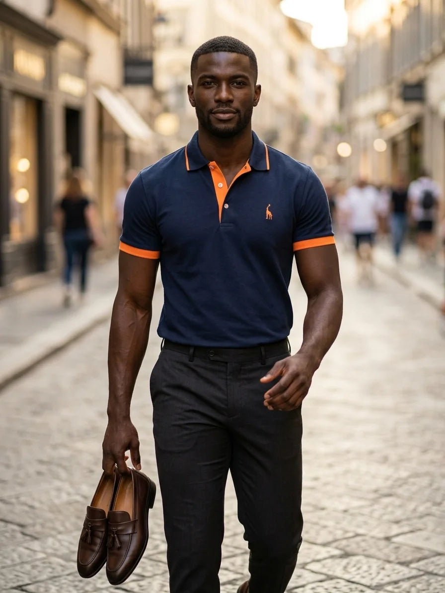 Momount Men Polo Shirt – Contrast Collar Embroidered Logo Short Sleeve - Darkblue - lifestyle_street