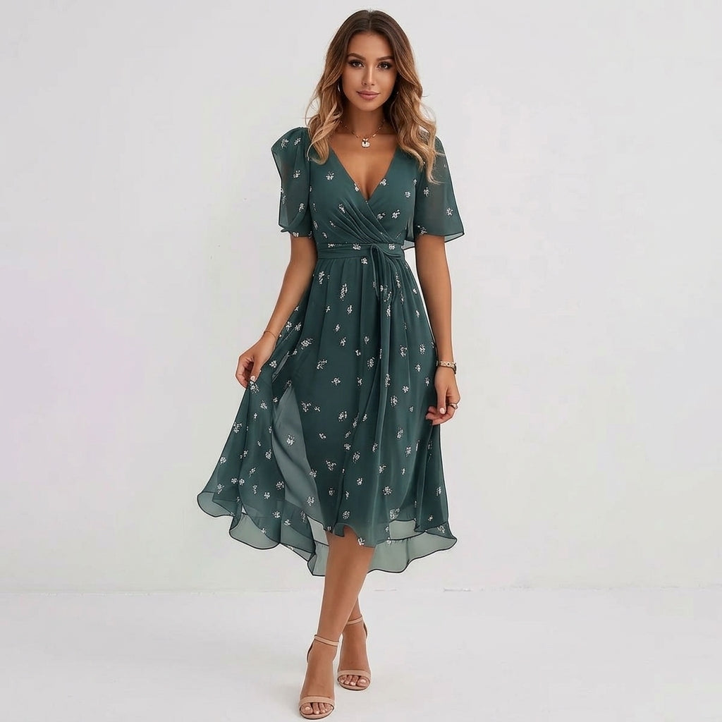 Adele Floral Summer Midi Dress | Casual, Timeless, Effortless - Green - front