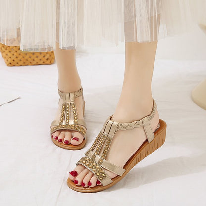 Momount Donna Sandali con Zeppa – Boho con Strass Intrecciati Tira a T Estivi