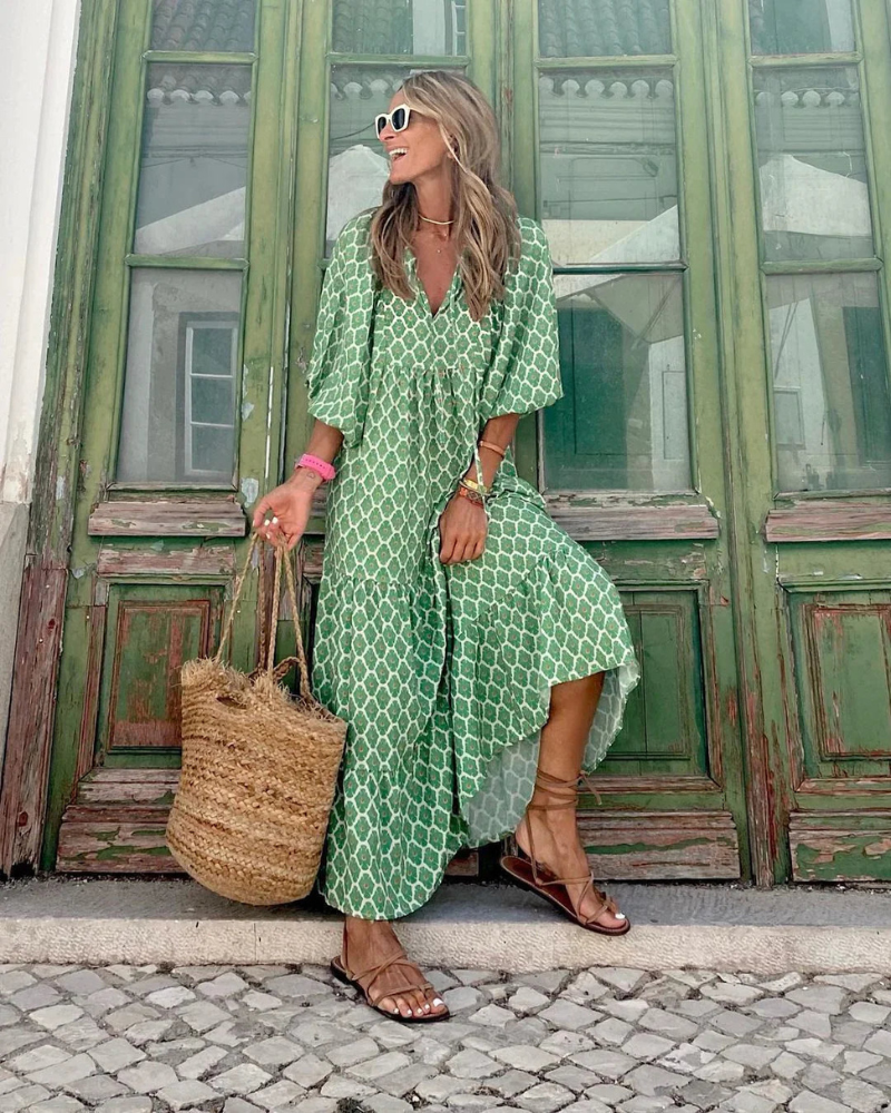Momount Donna Abito Maxi Estivo Boho – a Balze Stampato Scollo a V