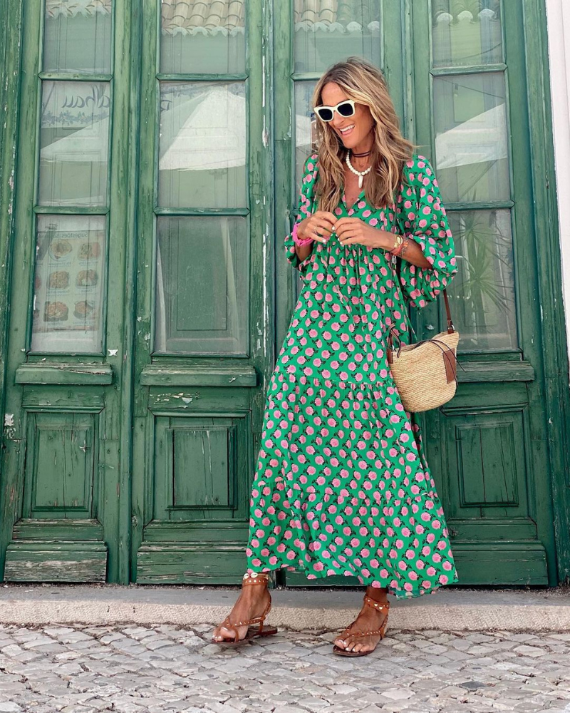 Momount Donna Abito Maxi Estivo Boho – a Balze Stampato Scollo a V