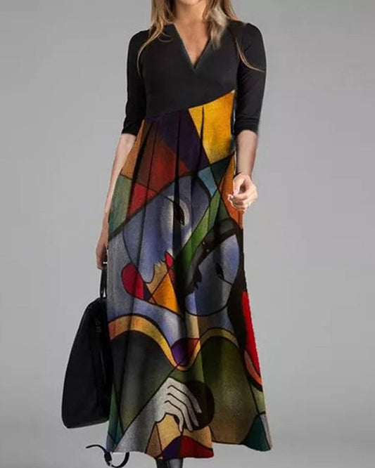 Cassellia | Vestido Maxi Linha A Decote em V com Estampado Abstracto | Verão Momount