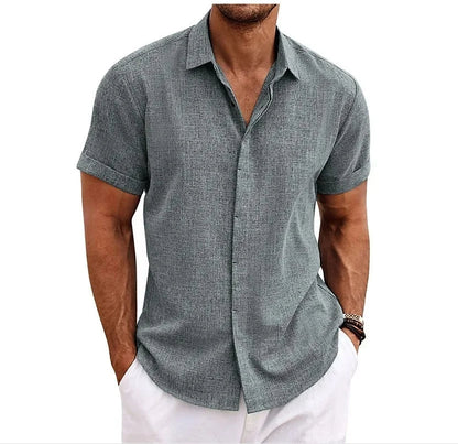 Momount Uomo Camicia in Cotone e Lino – Manica Corta Abbottonata Casual