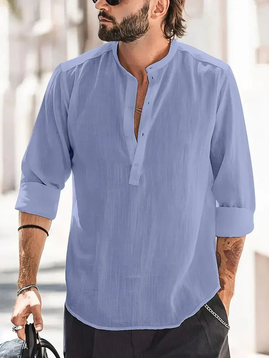 Momount Camisa Henley em Linho de Homem – Manga Comprida com Gola em Pé de Verão