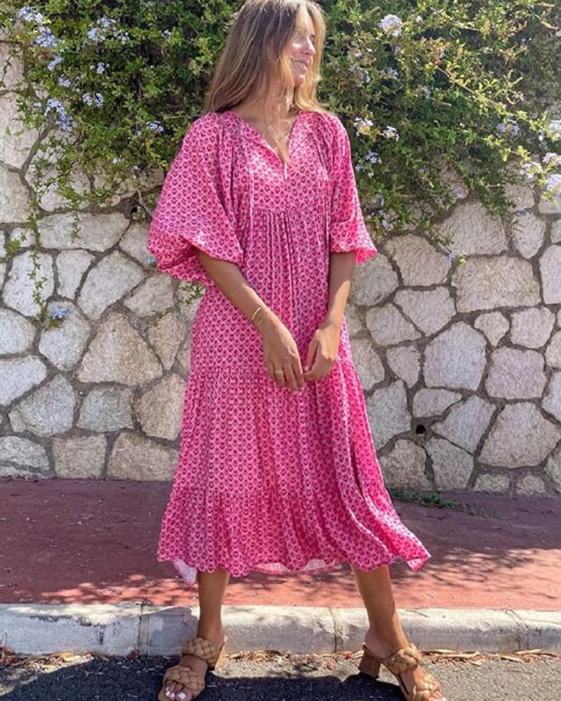 Momount Donna Abito Maxi Estivo Boho – a Balze Stampato Scollo a V