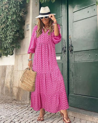 Momount Donna Abito Maxi Estivo Boho – a Balze Stampato Scollo a V