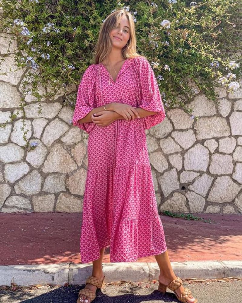 Momount Donna Abito Maxi Estivo Boho – a Balze Stampato Scollo a V
