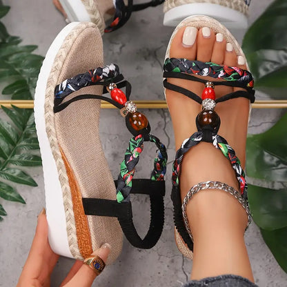 Momount Donna Sandali Espadrillas con Zeppa – Boho Intrecciati con Perline e Strass