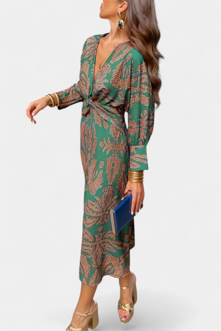 Momount Donna Vestito Midi Aderente – Manica Lunga Drappeggio Elegante