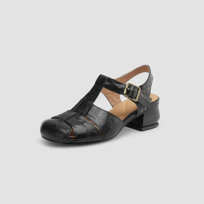 Momount Donna Sandali in Pelle – Punta Chiusa Fibbia Tacco Basso Vintage