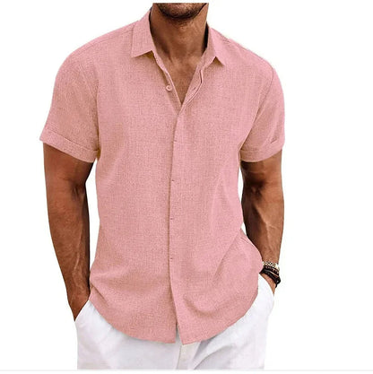 Momount Uomo Camicia in Cotone e Lino – Manica Corta Abbottonata Casual