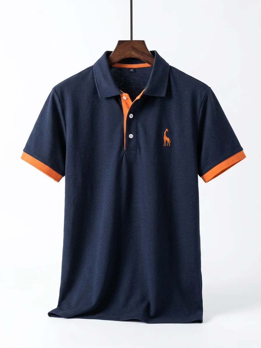 Momount Men Polo Shirt – Contrast Collar Embroidered Logo Short Sleeve - Darkblue - hanger