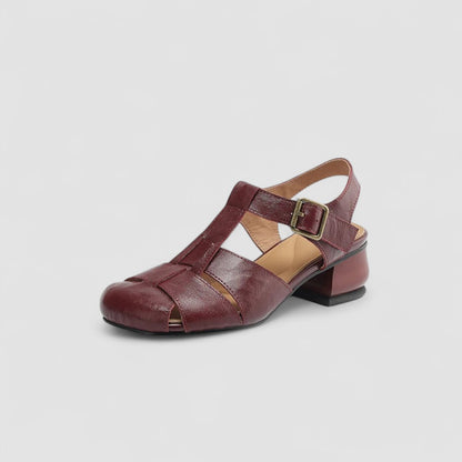 Momount Donna Sandali in Pelle – Punta Chiusa Fibbia Tacco Basso Vintage