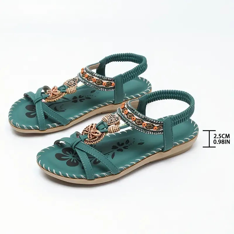 Momount slingback-sandaler dame – petroleumsblå boho med perler, rhinsten og flad sål