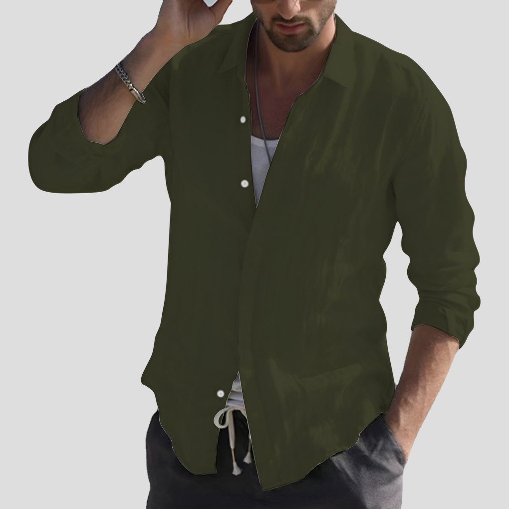 Momount Uomo Camicia di Lino – Manica Lunga Collo Classico Abbottonata Classica