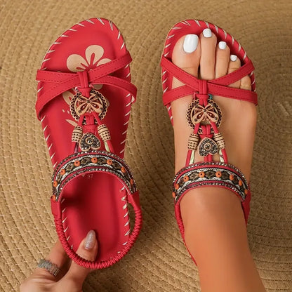 Momount slingback-sandaler dame – petroleumsblå boho med perler, rhinsten og flad sål