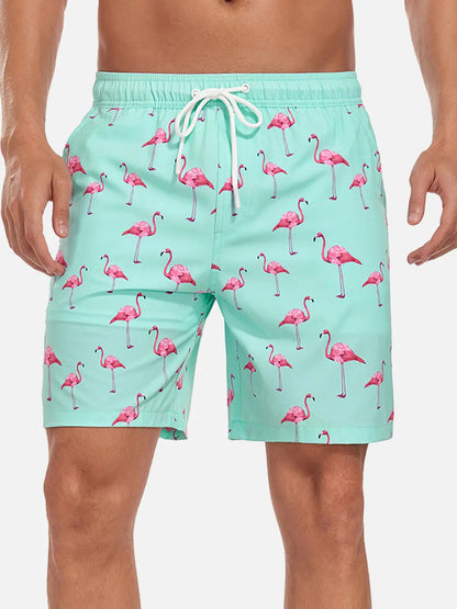 Momount Men Swim Shorts – Flamingo Print Drawstring Beach Summer