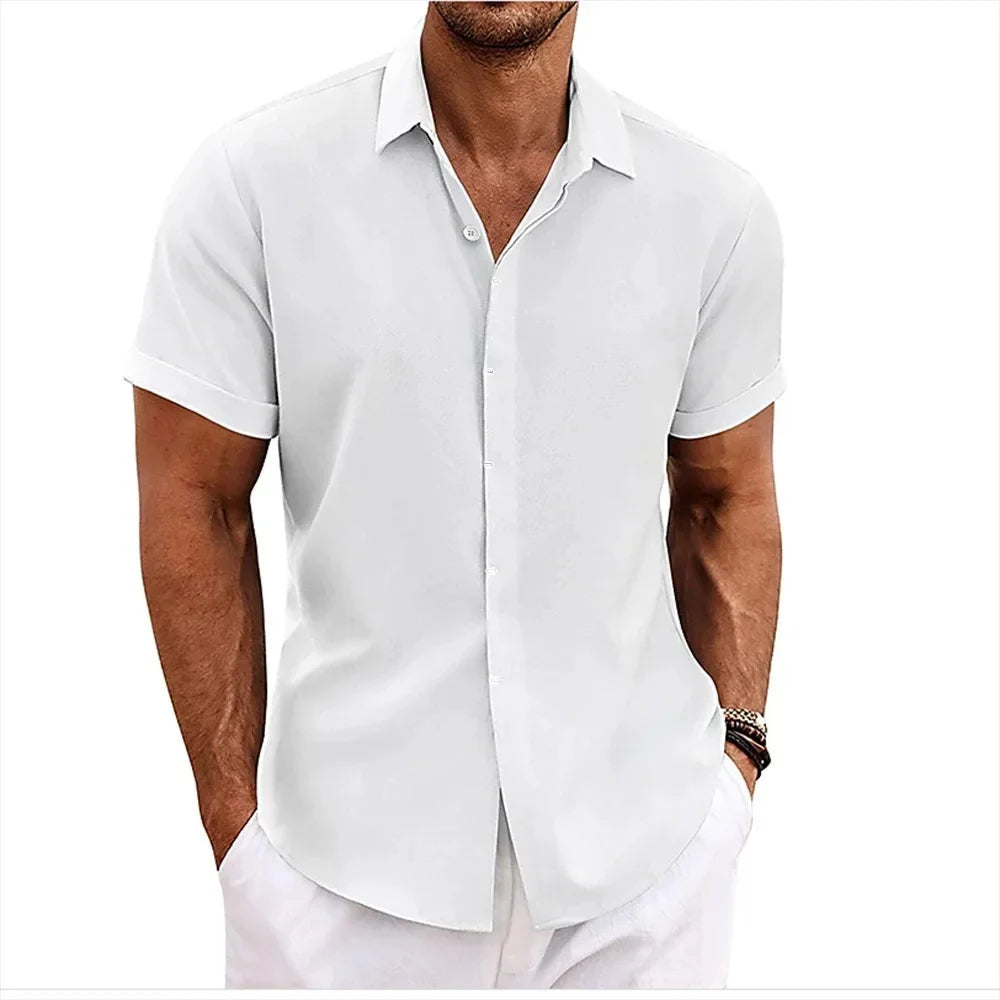 Momount Uomo Camicia in Cotone e Lino – Manica Corta Abbottonata Casual